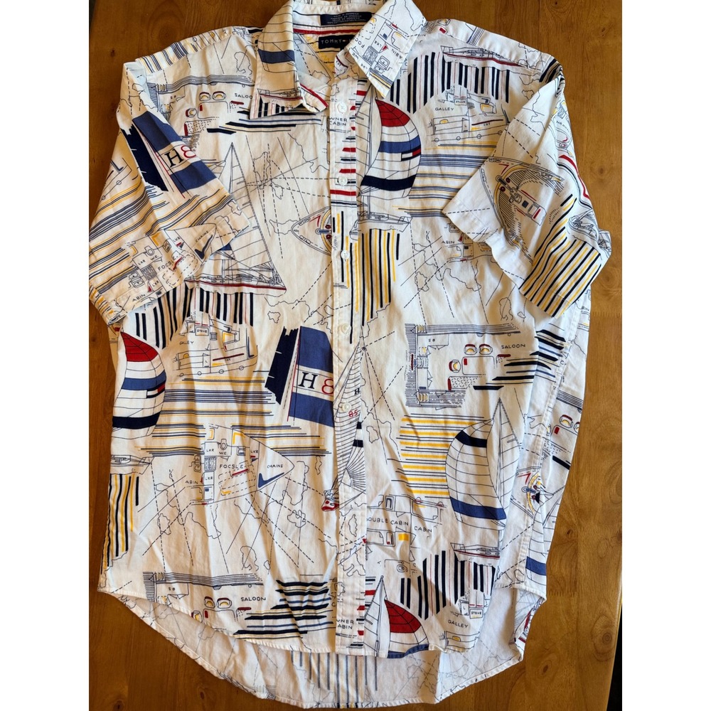 Tommy Hilfiger Mens White Nautical Sailboat Print Short Sleeve Button Down  M
